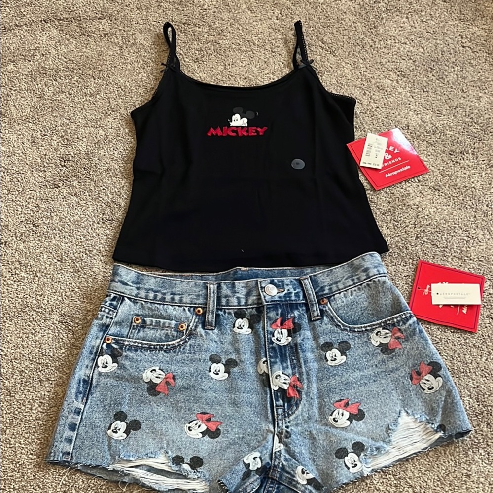 Disney Blue Jean Shorts with Mickey Mouse Design Disney Black Tank Top